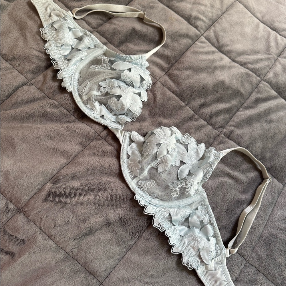 Victoria's Secret Unlined Plunge Floral Embroidered Lace Demi Bra - Light Blue